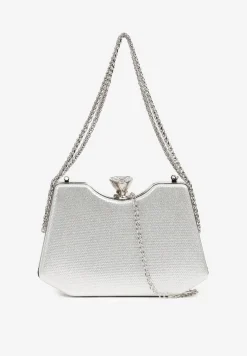 Srebrna Błyszcząca Torebka w Stylu Kopertówki z Odpinanym Łańcuszkiem Heriora