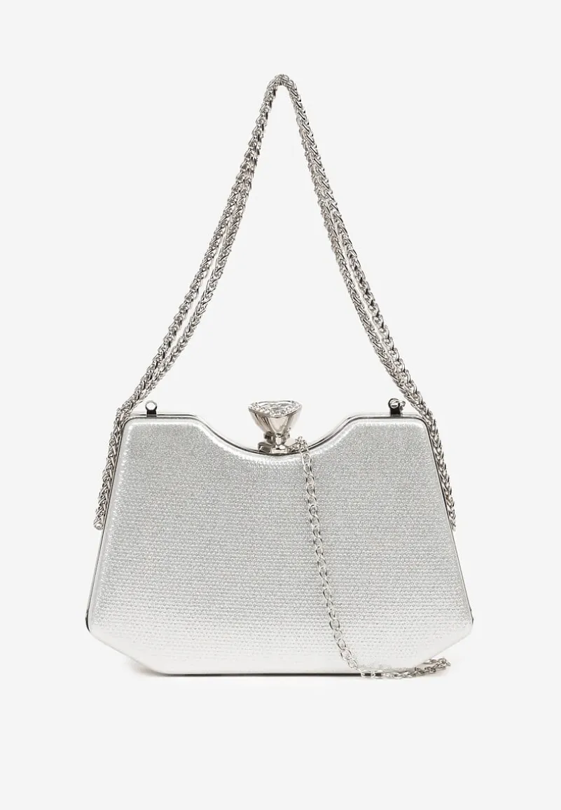 Srebrna Błyszcząca Torebka w Stylu Kopertówki z Odpinanym Łańcuszkiem Heriora
