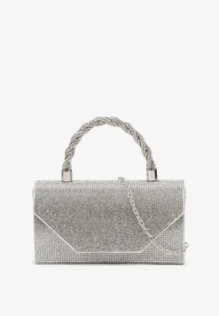 Srebrna Cyrkoniowa Torebka Kopertówka Zapinana na Magnes z Rączką i Łańcuszkiem Alatia