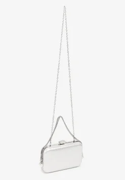 Srebrna Mała Torebka Kopertówka na Ramię z Łańcuszkiem Rączką i Perełkami Nellissa