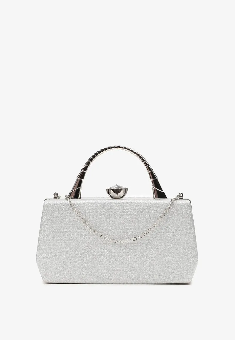 Srebrna Połyskująca Torebka Kopertówka z Rączką Bronna