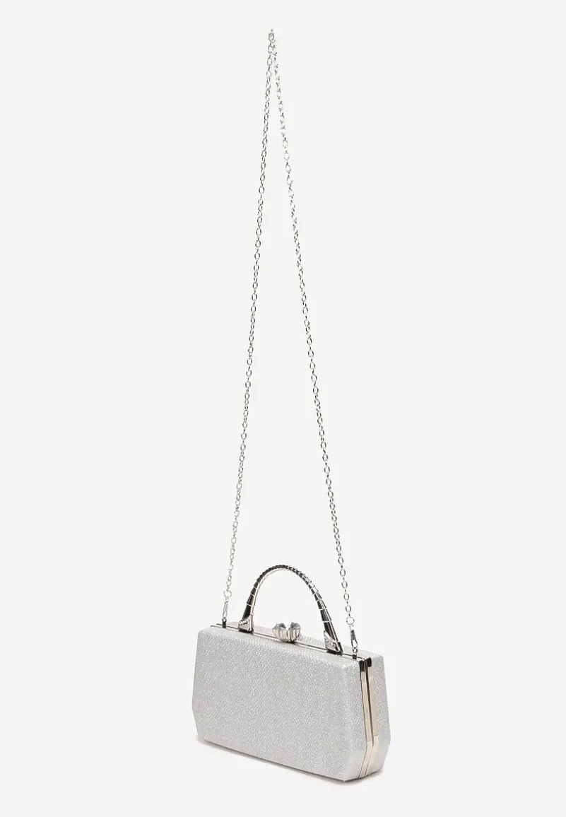 Srebrna Połyskująca Torebka Kopertówka z Rączką Bronna
