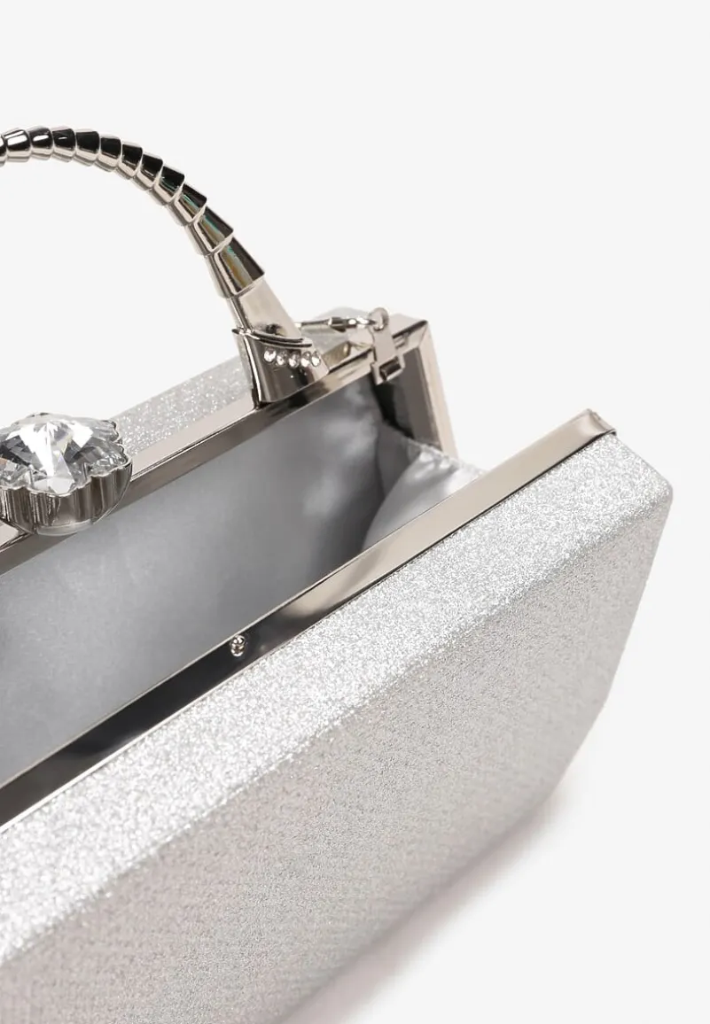 Srebrna Połyskująca Torebka Kopertówka z Rączką Bronna