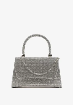 Srebrna Połyskująca Torebka w Cyrkonie z Rączką Klesja