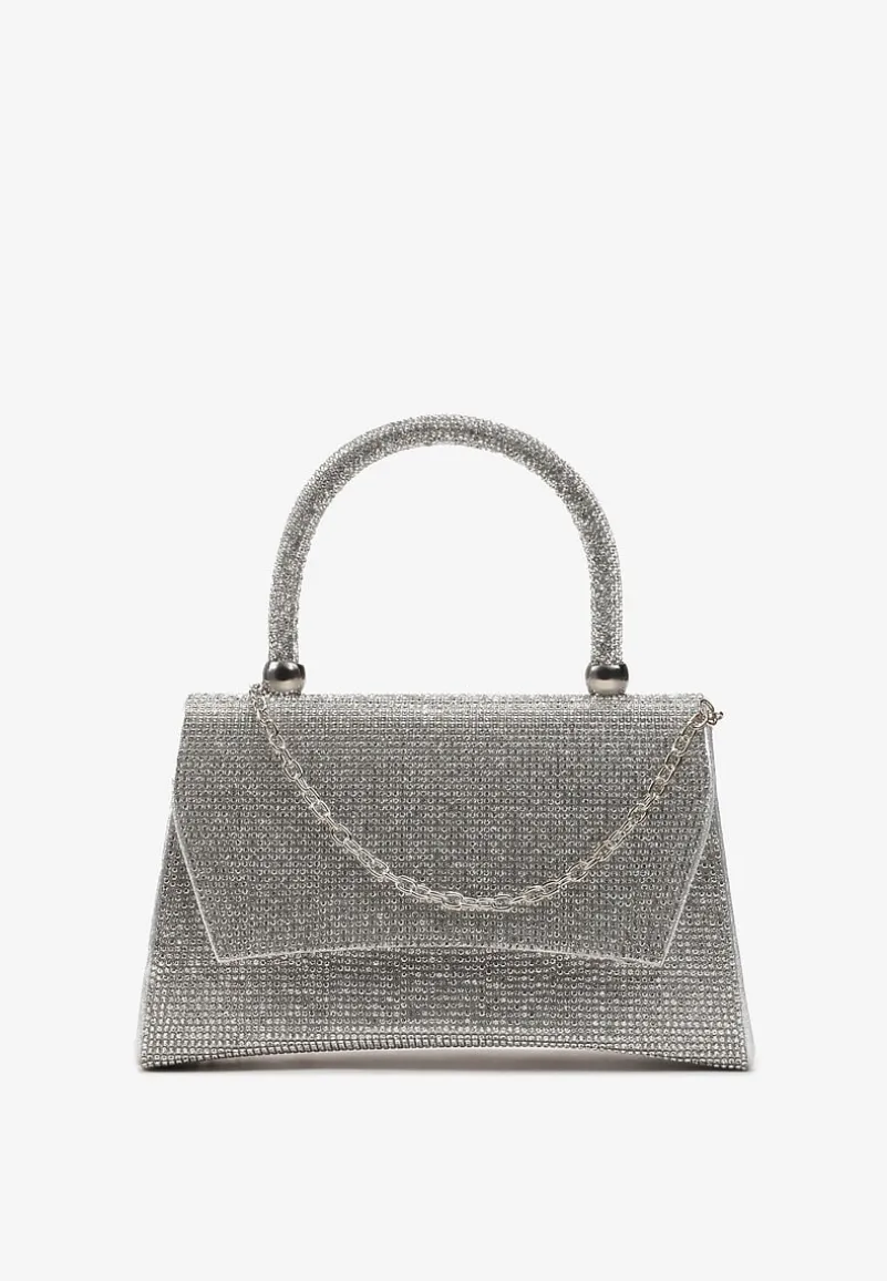Srebrna Połyskująca Torebka w Cyrkonie z Rączką Klesja