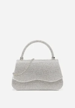 Srebrna Torebka Koktajlowa z Rączką Wysadzana Cyrkoniami z Łańcuszkiem Halorea