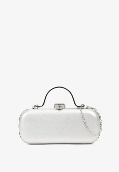 Srebrna Torebka Koktajlowa Zapinana na Zatrzask z Łańcuszkiem i Rączką Ozdobiona Cyrkoniami Carsea