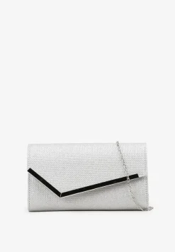 Srebrna Torebka Kopertowa Ozdobiona Metaliczną Nicią z Łańcuszkiem Ceriora
