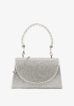 Srebrna Torebka na Ramię z Długim Paskiem i Rączką Ozdobiona Cyrkoniami Zalagia