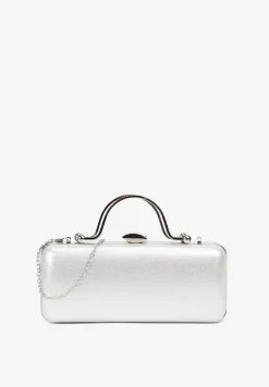 Srebrna Wieczorowa Torebka z Rączką Wykończona Cyrkoniami i Łańcuszkiem Fenagia