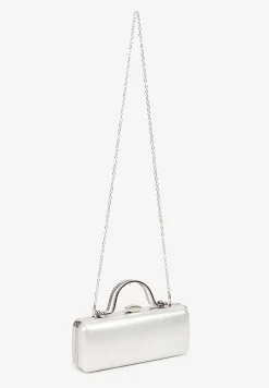 Srebrna Wieczorowa Torebka z Rączką Wykończona Cyrkoniami i Łańcuszkiem Fenagia