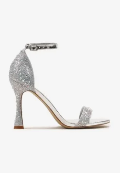 Srebrne Brokatowe Sandały na Klepsydrowej Szpilce z Drobnymi Cyrkoniami Isoldis