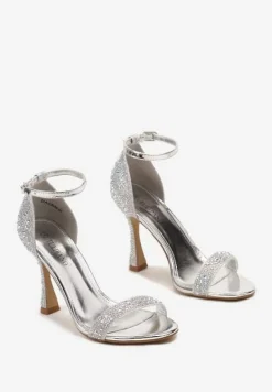 Srebrne Brokatowe Sandały na Klepsydrowej Szpilce z Drobnymi Cyrkoniami Isoldis
