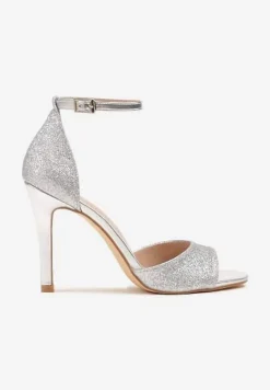 Srebrne Brokatowe Sandały Vices na Szpilce z Okrągłym Noskiem Katoria