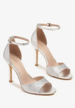 Srebrne Brokatowe Sandały Vices na Szpilce z Okrągłym Noskiem Katoria