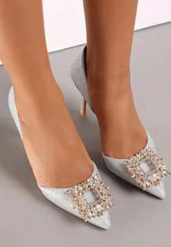 Srebrne Brokatowe Szpilki z Metalową Ozdobą z Cyrkonii Acani