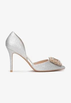 Srebrne Brokatowe Szpilki z Metalową Ozdobą z Cyrkonii Acani