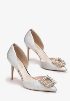 Srebrne Brokatowe Szpilki z Metalową Ozdobą z Cyrkonii Acani