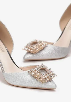 Srebrne Brokatowe Szpilki z Metalową Ozdobą z Cyrkonii Acani