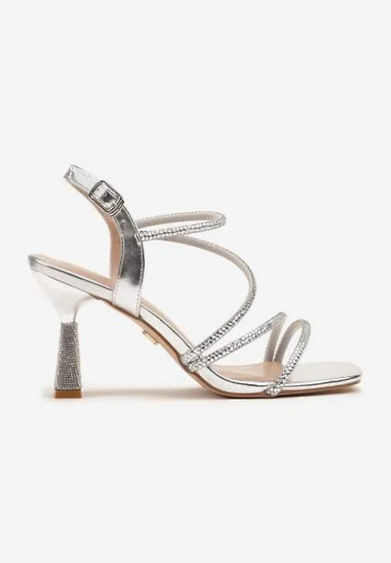 Srebrne Cyrkoniowe Sandały Vices na Stożkowym Obcasie Galitiela