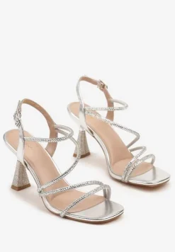 Srebrne Cyrkoniowe Sandały Vices na Stożkowym Obcasie Galitiela