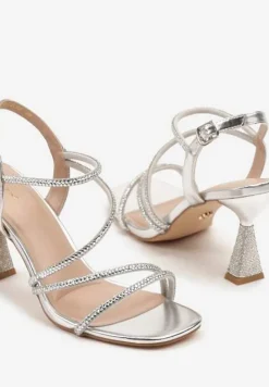 Srebrne Cyrkoniowe Sandały Vices na Stożkowym Obcasie Galitiela