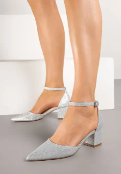 Srebrne Czółenka Vices na Słupku z Wkładką ze Skóry Naturalnej Ozdobione Paskiem Resilia