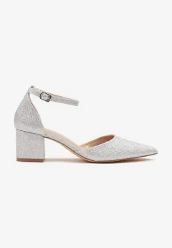 Srebrne Czółenka Vices na Słupku z Wkładką ze Skóry Naturalnej Ozdobione Paskiem Resilia