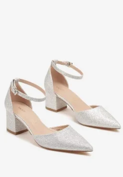 Srebrne Czółenka Vices na Słupku z Wkładką ze Skóry Naturalnej Ozdobione Paskiem Resilia