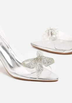 Srebrne Przezroczyste Sandały na Obcasie Typu Klepsydra z Ozdobną Kokardą z Cyrkoniami Nialania
