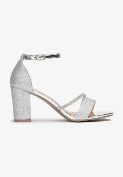 Srebrne Sandały na Słupku z Paskiem z Cyrkonii Leshil