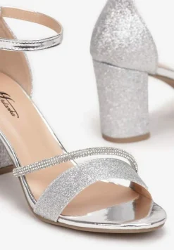 Srebrne Sandały na Słupku z Paskiem z Cyrkonii Leshil