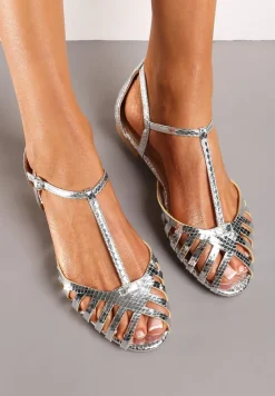 Srebrne Sandały Vices na Płaskiej Podeszwie Ozdobione Paseczkami z Zapięciem na Kostce Phaedrana
