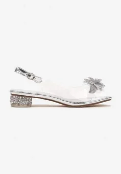 Srebrne Transparentne Sandały ze Skórzaną Wkładką Kwiatem 3D i Cyrkoniami Beliris