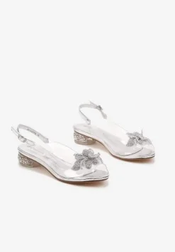 Srebrne Transparentne Sandały ze Skórzaną Wkładką Kwiatem 3D i Cyrkoniami Beliris