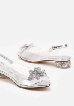 Srebrne Transparentne Sandały ze Skórzaną Wkładką Kwiatem 3D i Cyrkoniami Beliris