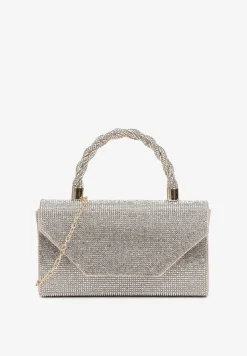 Srebrno-Złota Cyrkoniowa Torebka Kopertówka Zapinana na Magnes z Rączką i Łańcuszkiem Alatia