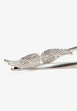 Srebrny Metalowy Sprężysty Pasek z Klamrą i Aplikacją Skrzydeł Anioła Baria