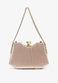 Szampańska Błyszcząca Torebka w Stylu Kopertówki z Odpinanym Łańcuszkiem Heriora