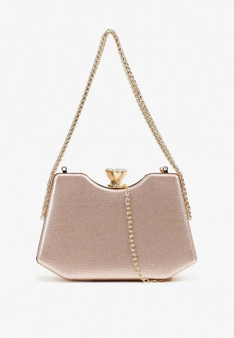 Szampańska Błyszcząca Torebka w Stylu Kopertówki z Odpinanym Łańcuszkiem Heriora