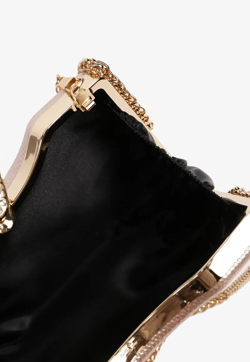 Szampańska Błyszcząca Torebka w Stylu Kopertówki z Odpinanym Łańcuszkiem Heriora