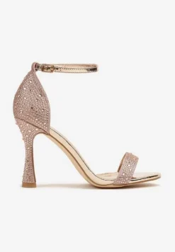 Szampańskie Brokatowe Sandały na Klepsydrowej Szpilce z Drobnymi Cyrkoniami Isoldis