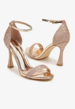 Szampańskie Brokatowe Sandały na Klepsydrowej Szpilce z Drobnymi Cyrkoniami Isoldis