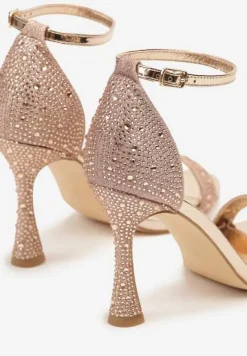 Szampańskie Brokatowe Sandały na Klepsydrowej Szpilce z Drobnymi Cyrkoniami Isoldis