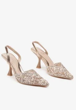 Szampańskie Cyrkoniowe Sandały ze Szpiczastym Noskiem na Obcasie Noredis