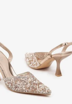 Szampańskie Cyrkoniowe Sandały ze Szpiczastym Noskiem na Obcasie Noredis