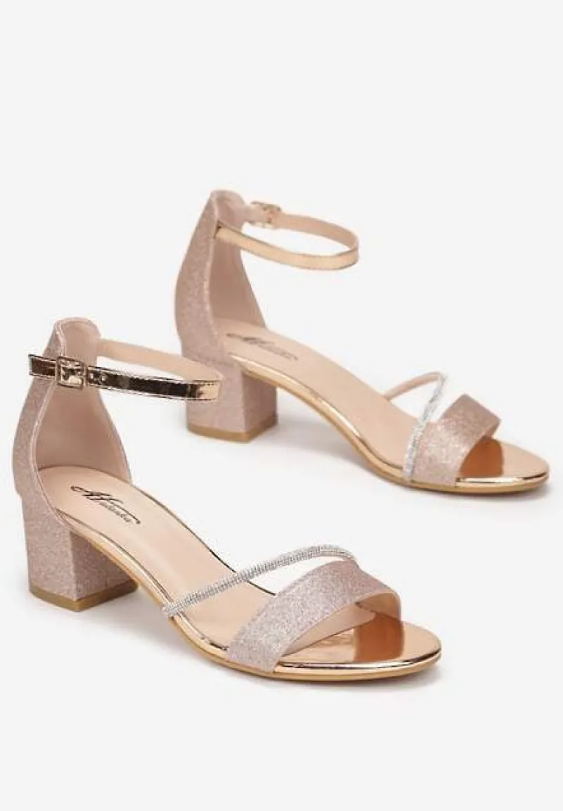 Szampańskie Sandały na Słupku z Brokatem i Paskiem z Cyrkonii Varene