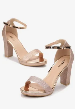 Szampańskie Sandały na Słupku Zdobione Brokatem Aldohr