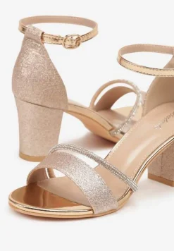 Szampańskie Sandały na Słupku Ozdobione Cyrkoniami i Brokatem Zapinane na Sprzączkę Wejkis