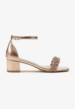 Szampańskie Sandały na Słupku z Wkładką ze Skóry Naturalnej Ozdobione Cyrkoniami Vevelessa